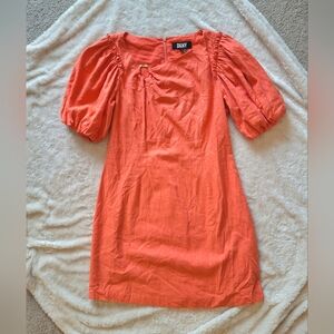 DKNY Coral Linen Blend Puff Sleeve Dress Keyhole M